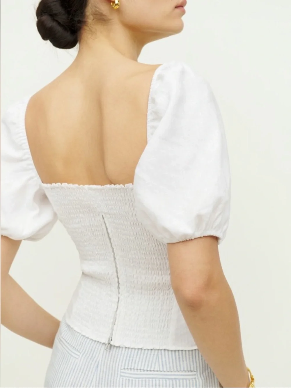Reformation Rory Linen Blouse Puff Sleeve Shirt Tie Front Back Zip White